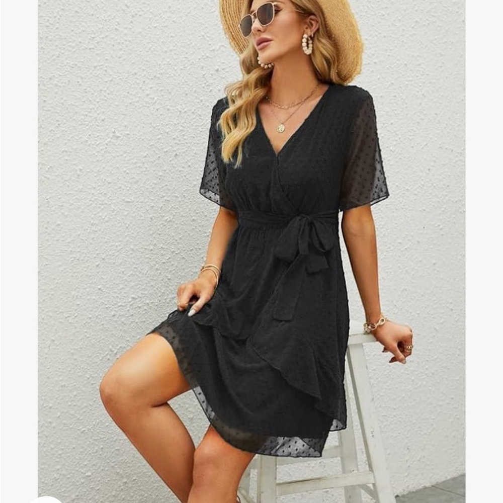 Sherosa Women's Summer V Neck Ruffles Faux Wrap Dress Swiss Dot Tie Belt Short